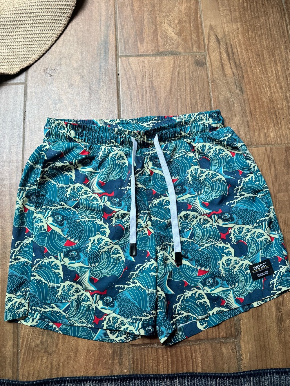 Wesc Men's Wave Print Swim Trunks in Navy, Teal & Red